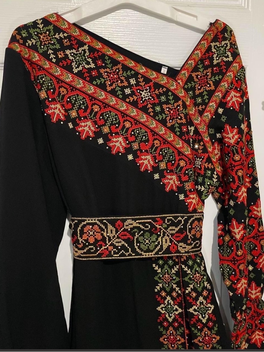 Palestinian Thobe Tatreez Embroidered Maxi Dress with Red Floral Trim